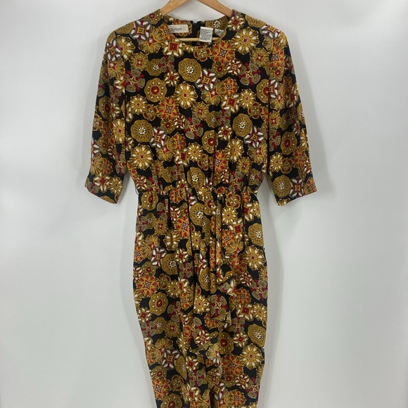 Ms Chaus Vintage statement print midi dress career faux wrap asymmetrical - Picture 9 of 16